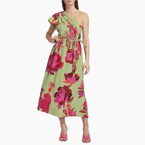 NWT FARM RIO Fresh Garden One-Shoulder Linen Floral Midi Dress Size S